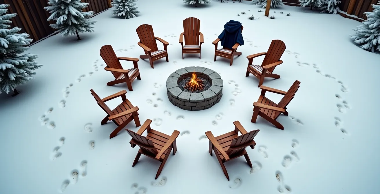 Vue aérienne d'un aménagement de coin feu avec 8 sièges disposés en cercle, montrant les zones de circulation et distances de sécurité