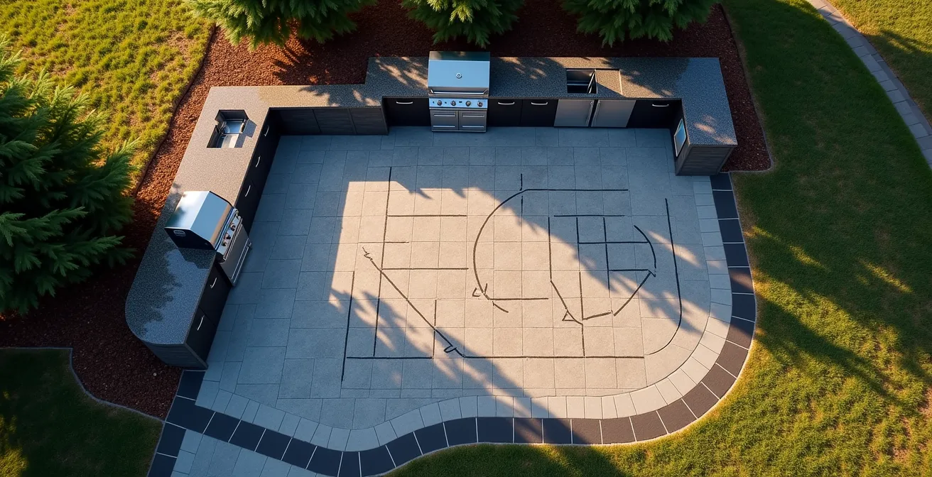 Vue aérienne d'un aménagement de cuisine extérieure montrant le polygone d'activité avec zones de circulation pour l'hiver