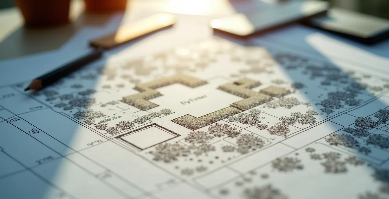 Plan directeur d'aménagement montrant la même propriété en été avec végétation verte et en hiver sous la neige