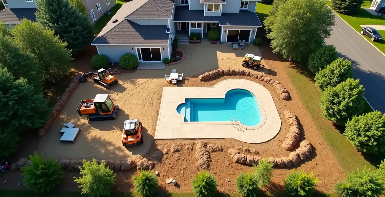 Vue aérienne d'un terrain résidentiel québécois avec marquages des phases d'aménagement sur 3 ans