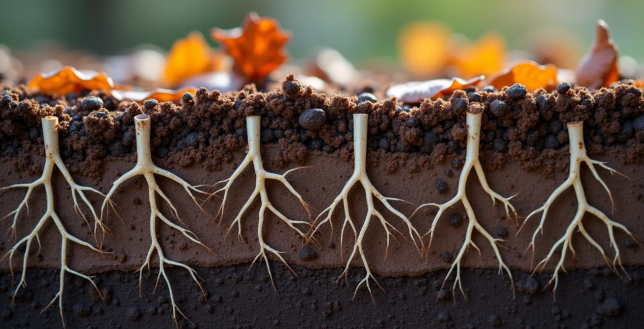 Coupe transversale du sol montrant les racines d'un arbuste et la ligne de gel en automne