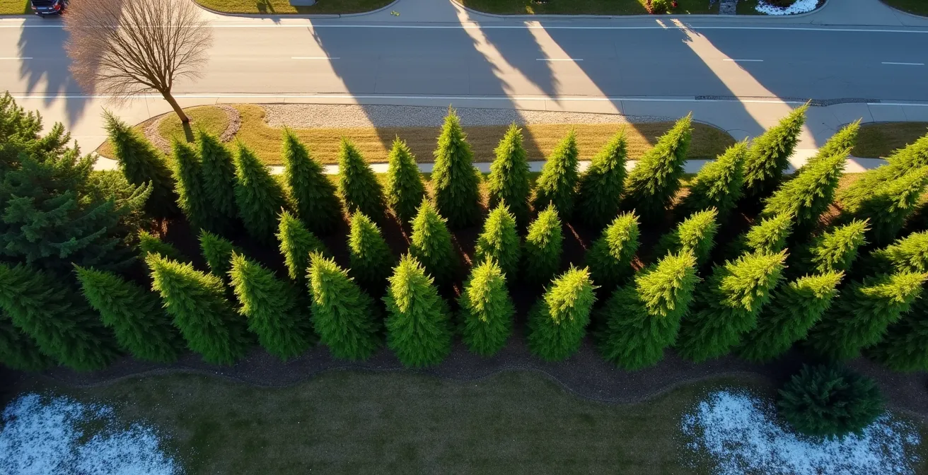Vue aérienne d'une plantation en quinconce de thuyas et épinettes sur deux rangs formant un écran anti-bruit
