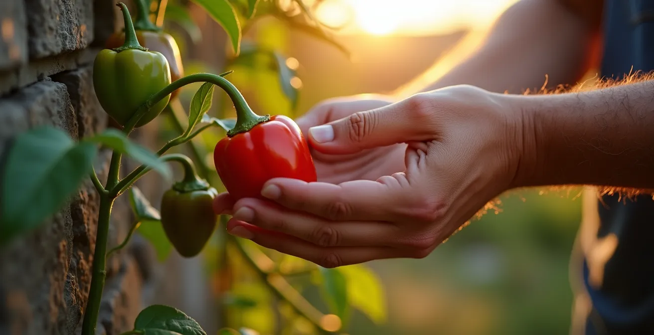 Poivrons rouges plantés contre un mur orienté sud créant un microclimat favorable