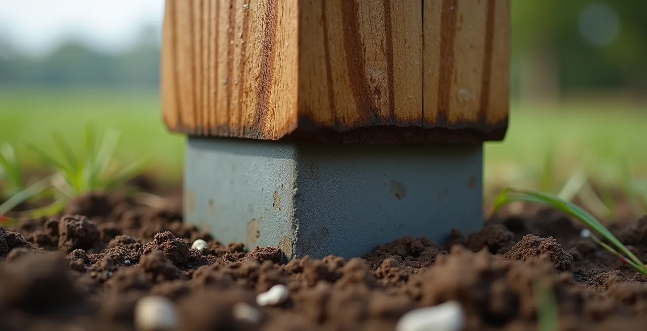 Gros plan sur la base d'un poteau en bois traité avec système de protection à l'interface sol-air