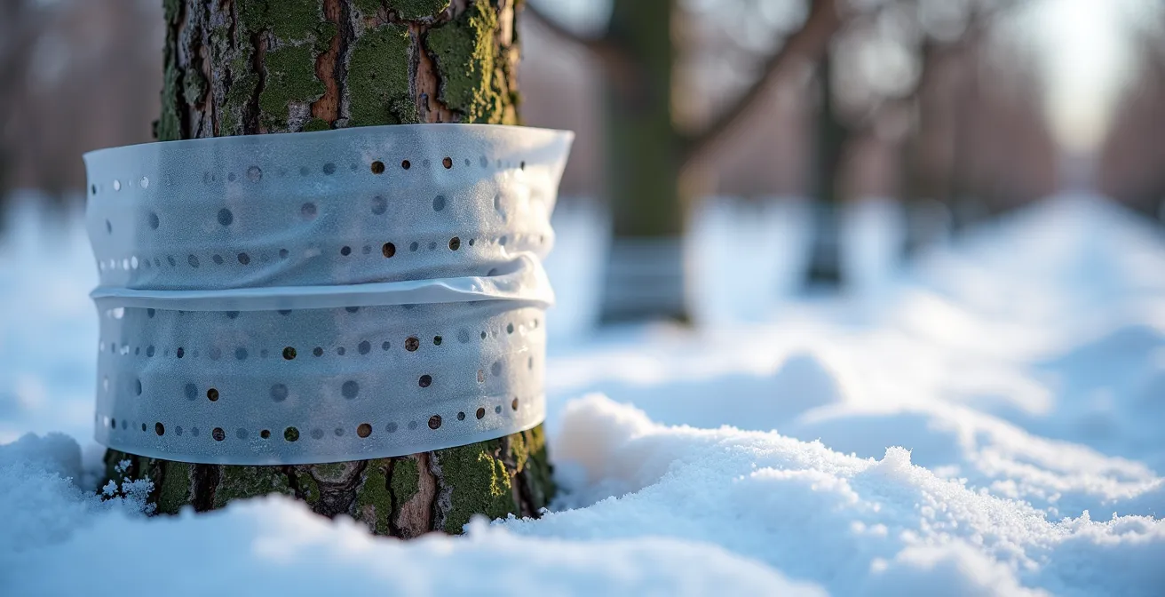 Gros plan sur un tronc de pommier protégé par une spirale blanche perforée contre les rongeurs en hiver