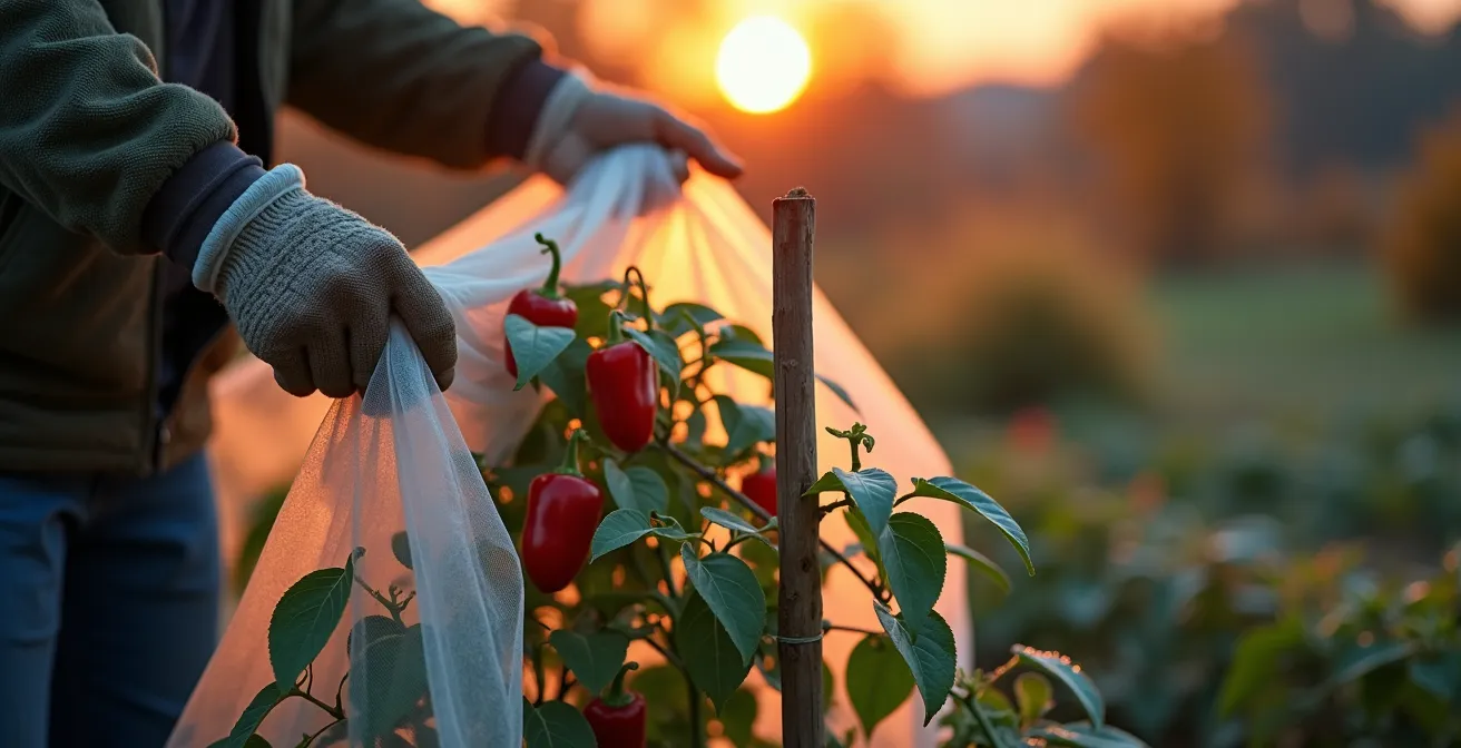 Des mains de jardinier installent avec soin une couverture flottante sur des plants de poivrons pour les protéger du gel imminent au crépuscule.