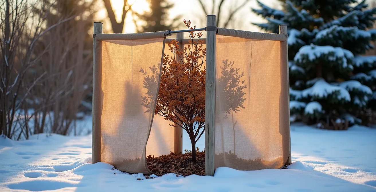 Arbuste protégé pour l'hiver avec structure de jute et piquets dans jardin enneigé canadien