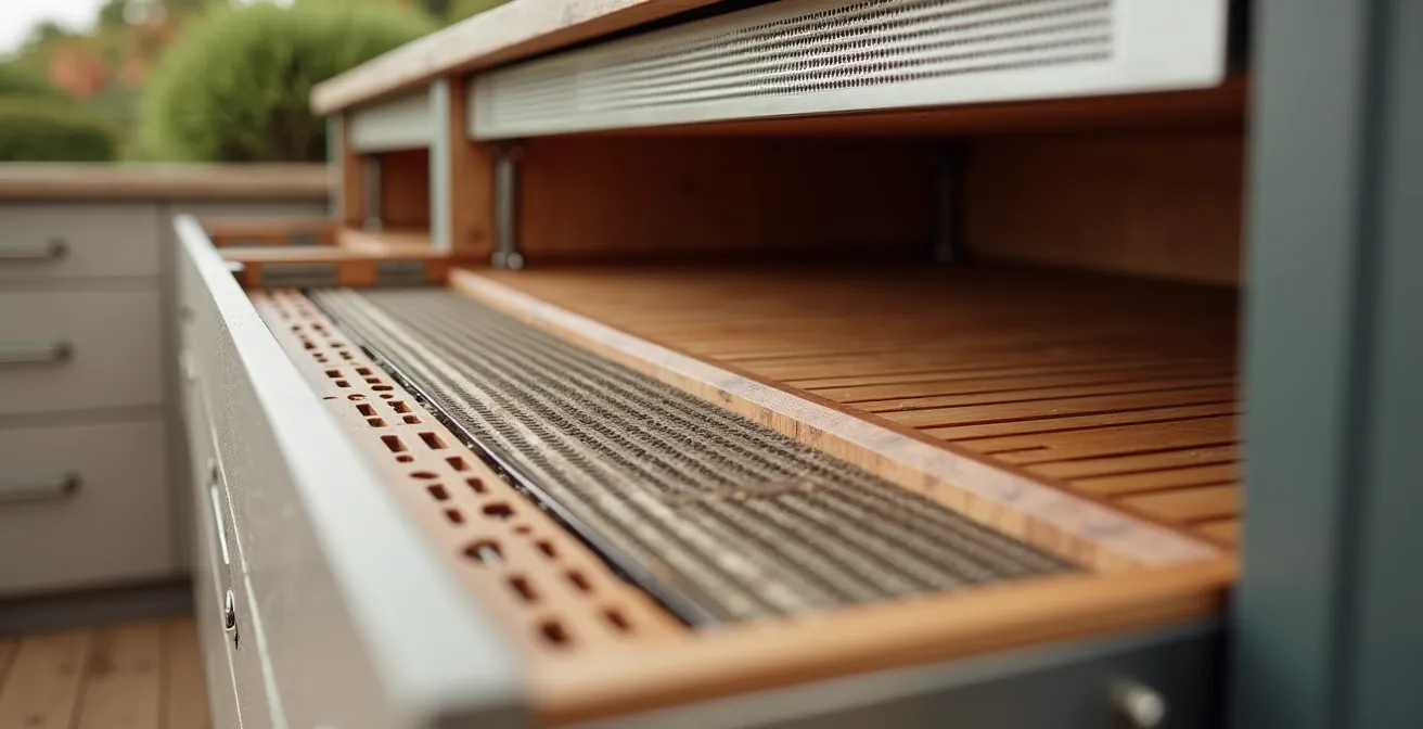 Vue rapprochée d'un système de rangement ventilé sous un comptoir extérieur en cèdre