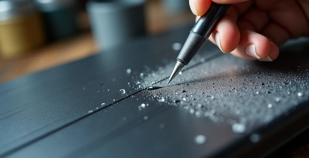 Détail macro d'une surface en aluminium thermolaqué avec outils de retouche professionnels