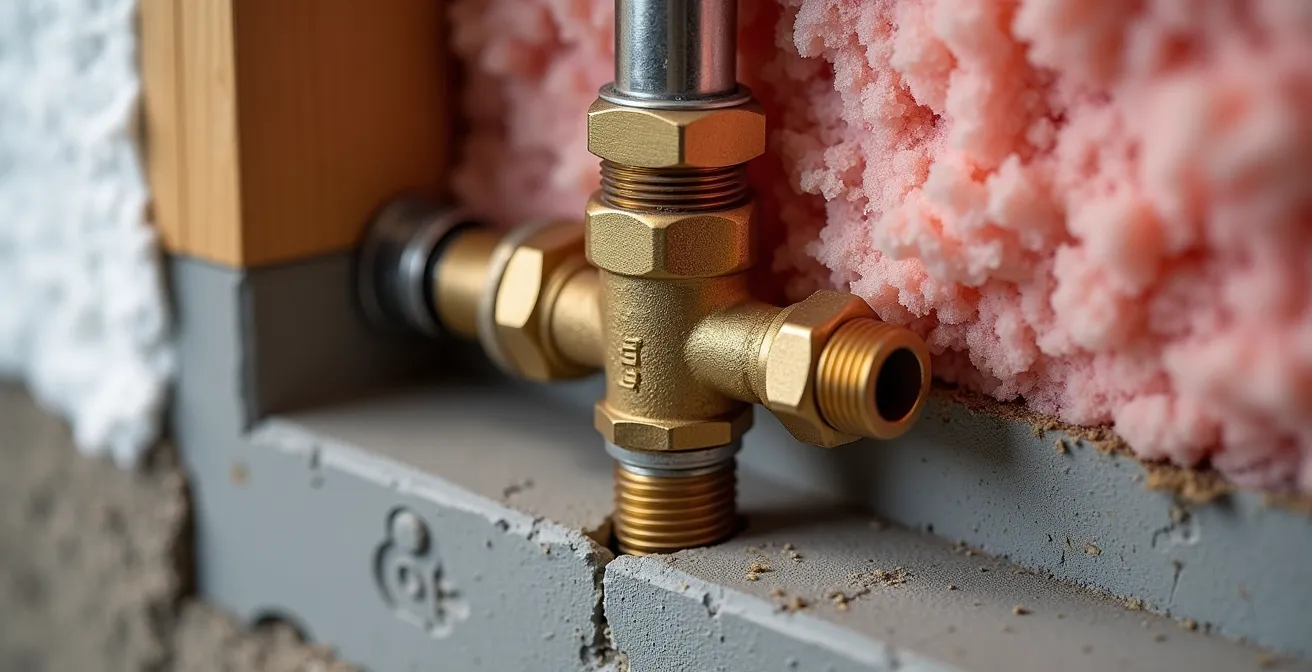 Coupe transversale montrant l'installation d'un robinet antigel traversant un mur de fondation canadien