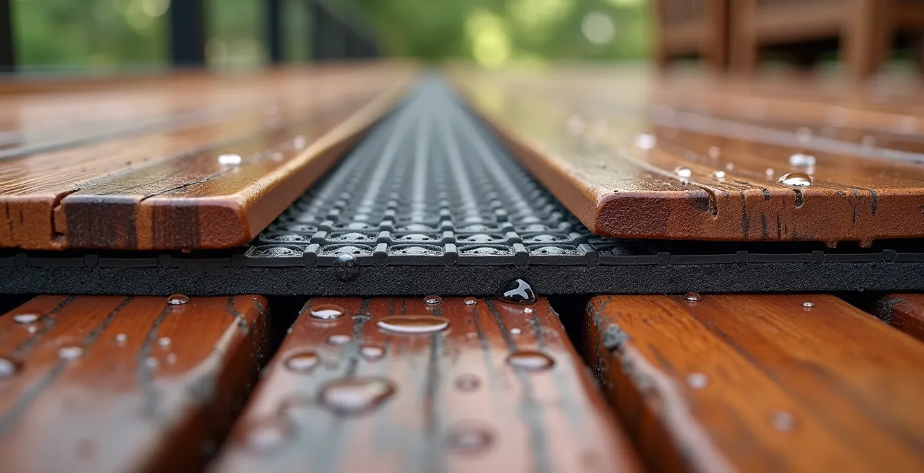Gros plan sur un système de sous-tapis aéré installé entre un tapis d'extérieur et une terrasse en cèdre rouge