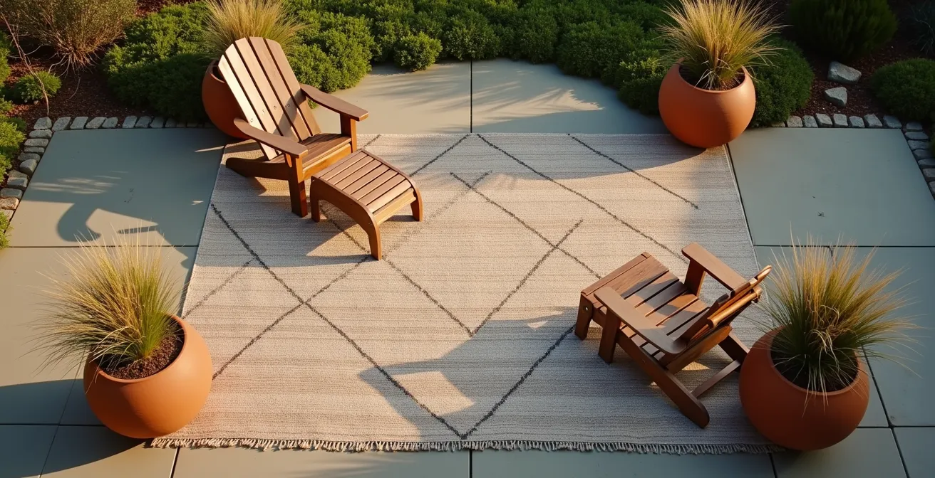 Vue aérienne d'un tapis d'extérieur ancré par des chaises Adirondack et des jardinières sur un patio canadien