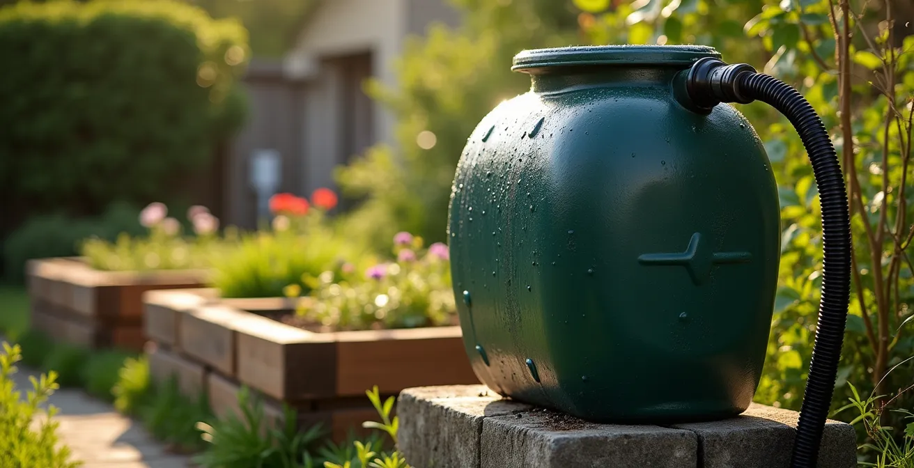 Baril récupérateur d'eau de pluie surélevé sur blocs de béton avec système de distribution par gravité vers des bacs de jardinage