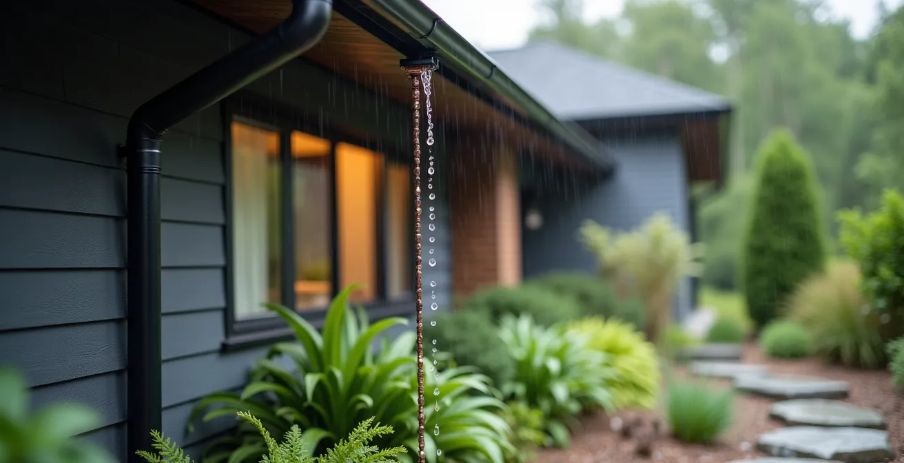 Système de gouttières moderne avec une chaîne de pluie en cuivre dirigeant l'eau vers un jardin de pluie.