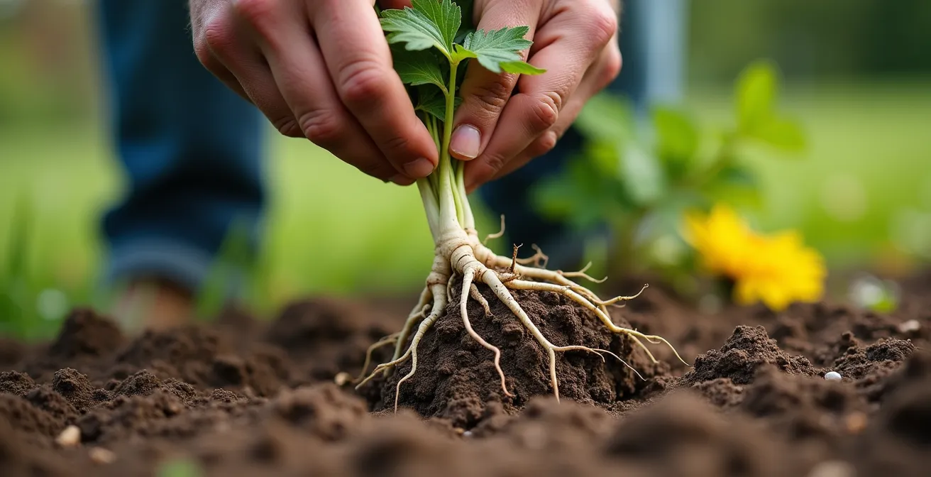 Gros plan sur des mains arrachant délicatement un pissenlit avec sa racine complète dans un jardin québécois