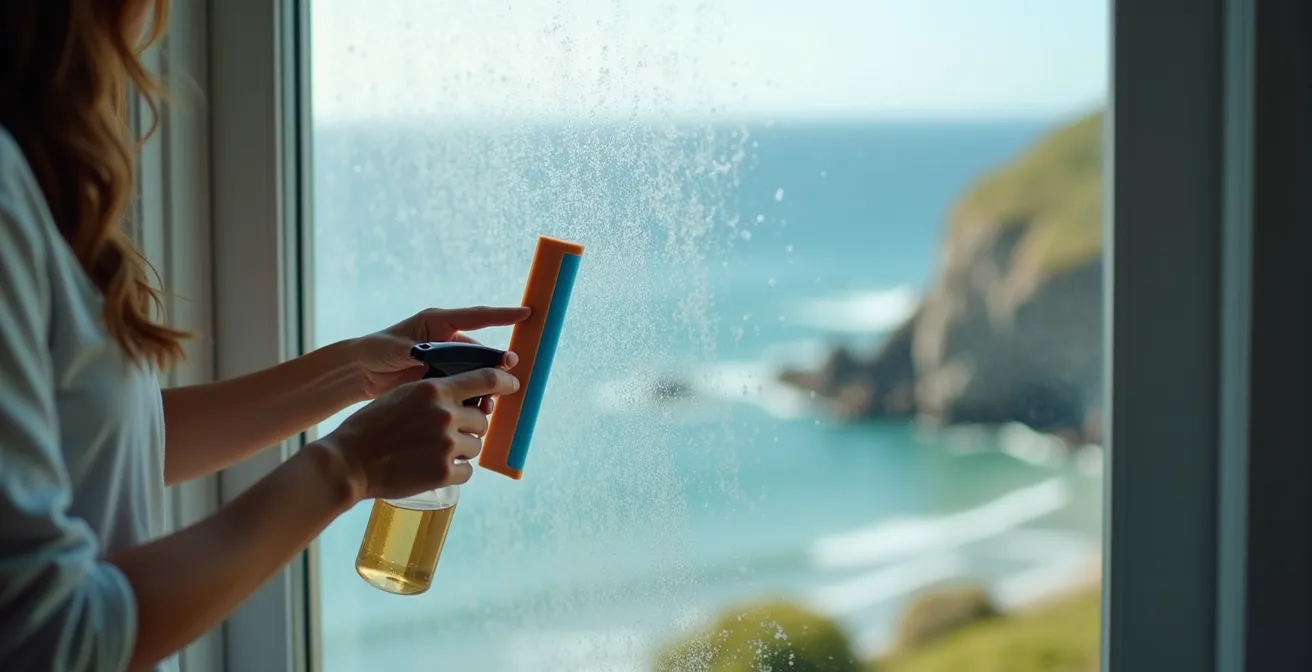 Personne nettoyant une fenêtre côtière avec technique professionnelle et raclette silicone