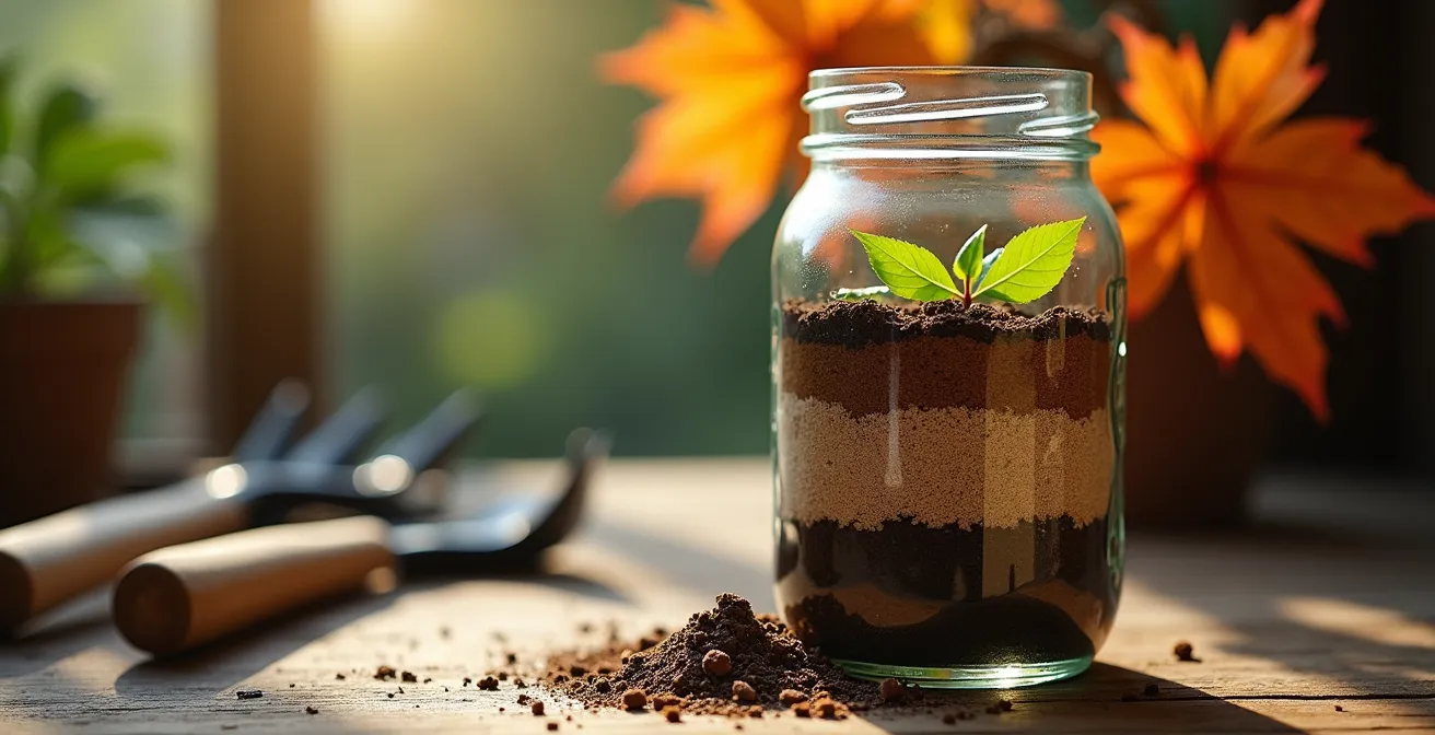 Test de texture du sol avec un pot Masson rempli d'eau et de terre, montrant les couches de sable, limon et argile.