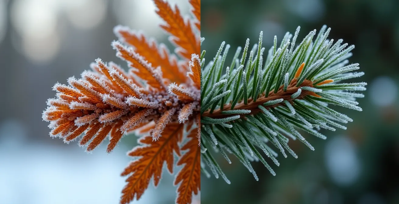Gros plan comparatif du feuillage d'un thuya brûlé par le soleil d'hiver versus une épinette intacte
